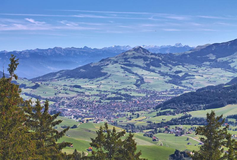 Blick auf Appenzell, den Fähnerenspitz und über das Rheintal