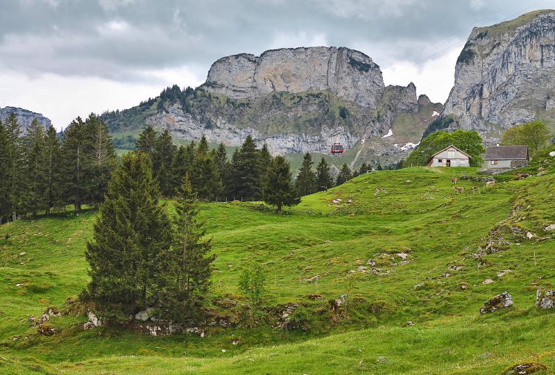 Kabine der Luftseilbahn Wasserauen-Ebenalp überfliegt die Alp Bommen