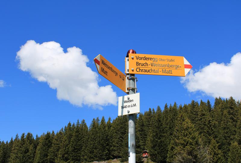 Wegweiser auf der Alp Weiden: Kleine, aber gepflegte Auswahl an Optionen